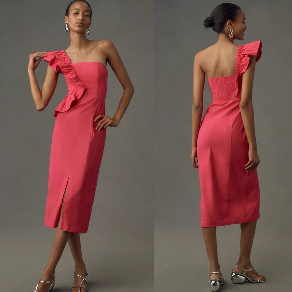 NWT By Anthropologie One-Shoulder Ruffle Linen Column Midi Dress pink sz XL